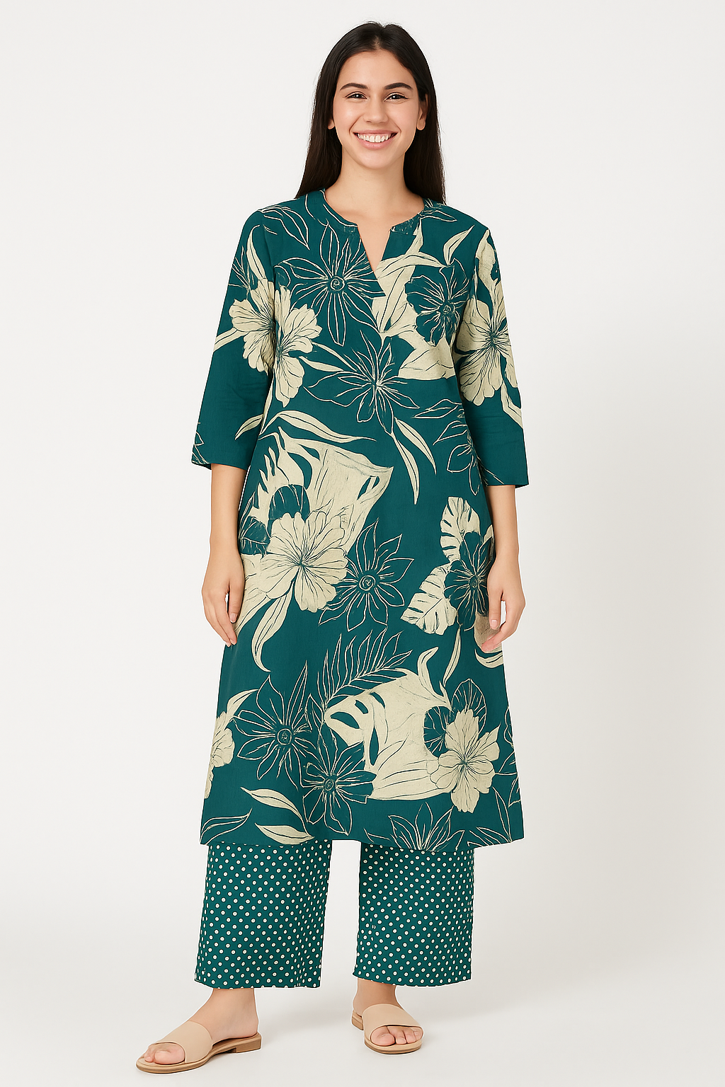 🍀Emerald Bloom A-line Kurta Set | Women 2-Piece🍀