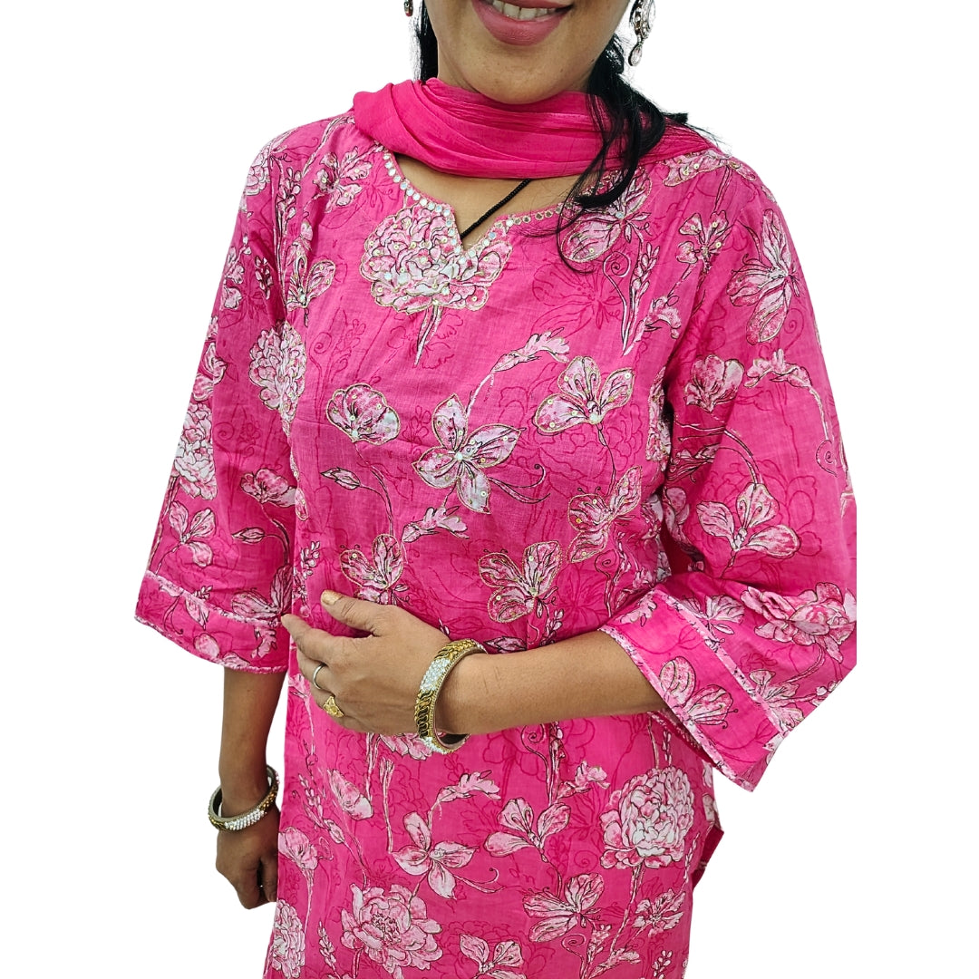 🌸Fiza Pink Floral Kurta Set | Women 3-Piece 🌸