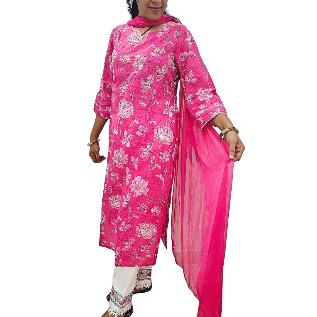 🌸Fiza Pink Floral Kurta Set | Women 3-Piece 🌸