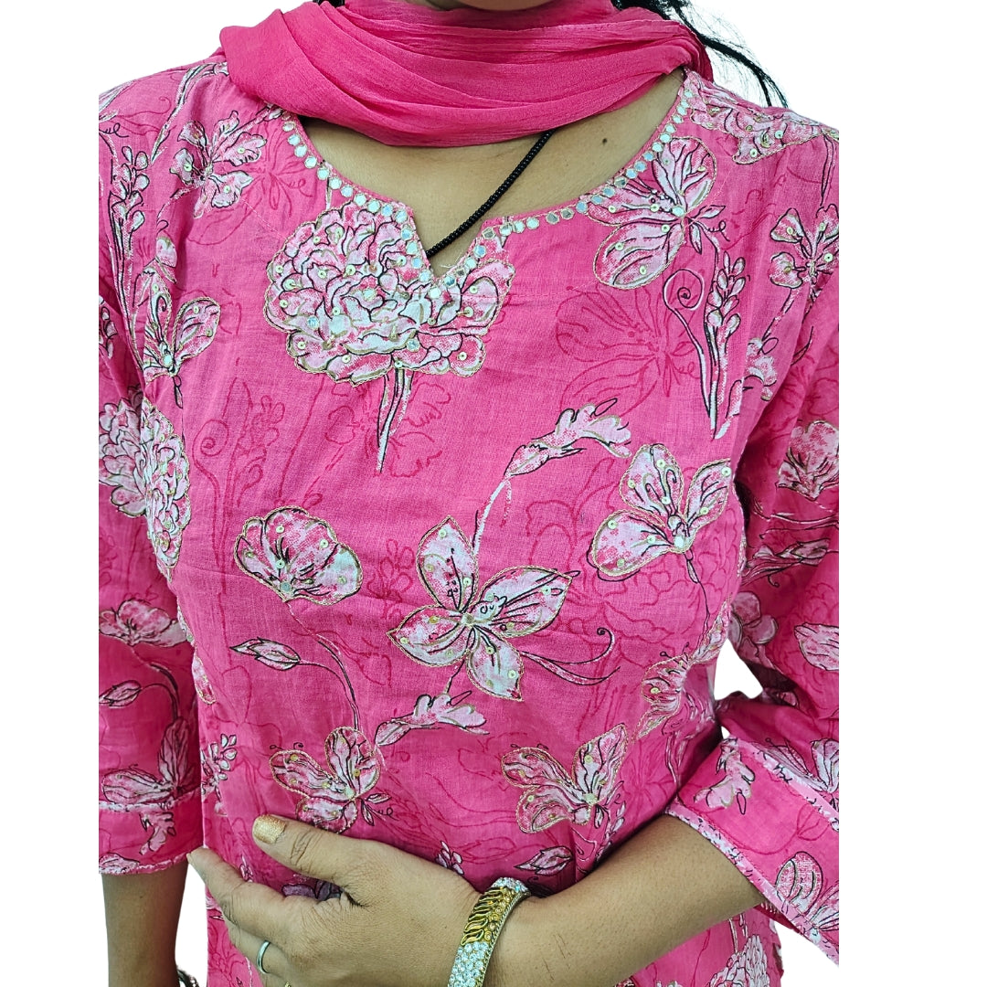 🌸Fiza Pink Floral Kurta Set | Women 3-Piece 🌸