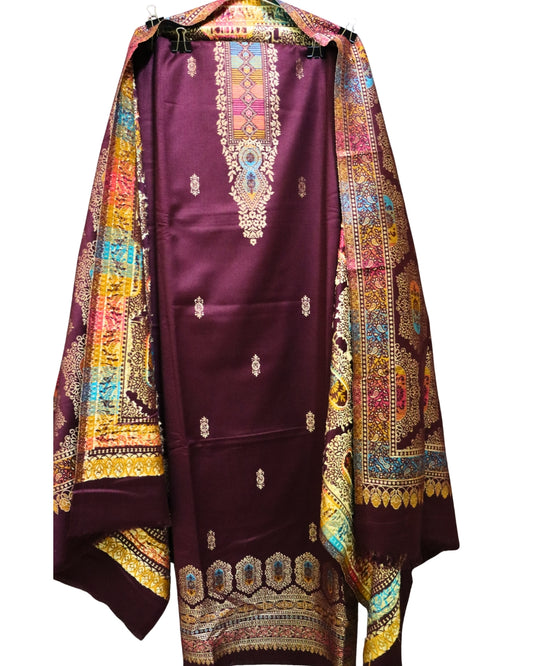 💜Divine Wine Elegance Suit | Party Wear Woolen Suit | Unstiched 3-Piece Suit Material💜