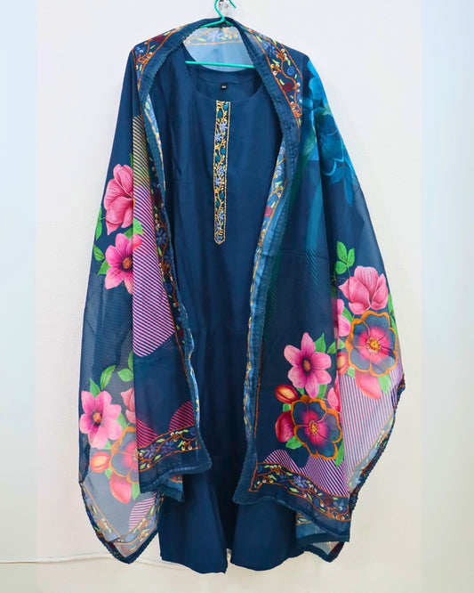 💙Noor-e-Teal Blue Cotton Festive Kurta Set with Organza Dupatta – Elegant Office & Party Wear💙