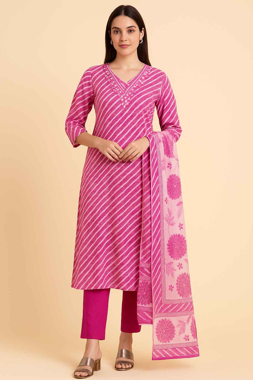 🌸Phoolkari Leheriya Pink Grace | Women 3-Piece Set🌸