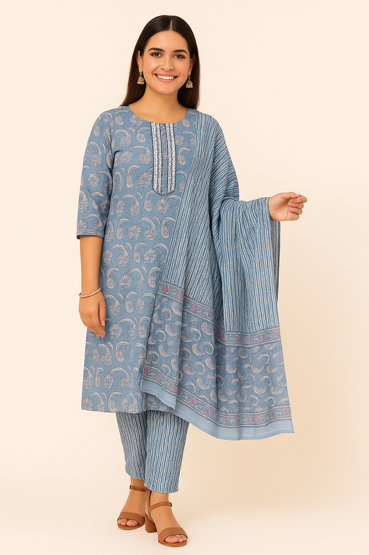💙Blue Dream - Floral Kurta Dupatta Set | Women 3-Piece💙