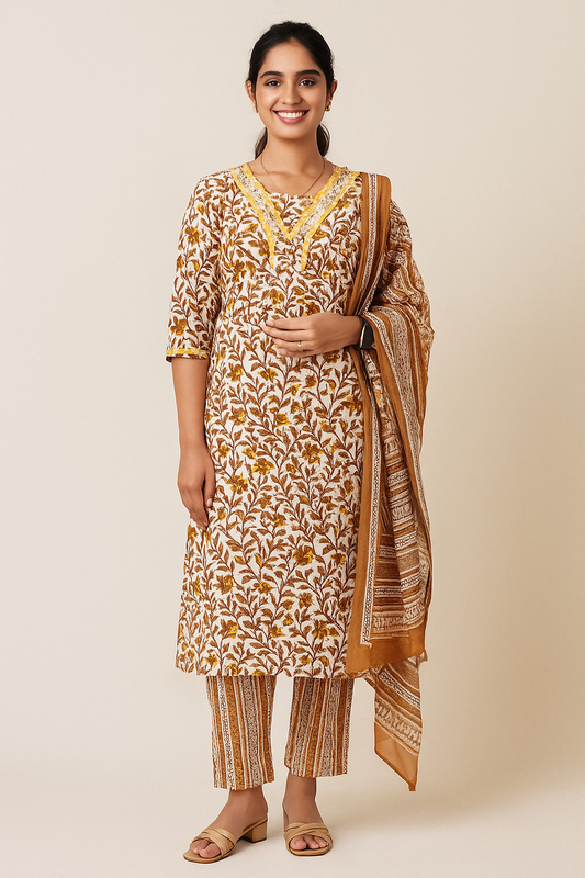 🤎Amber Bloom Floral Cotton Kurta Set | Women 3-Piece🩷