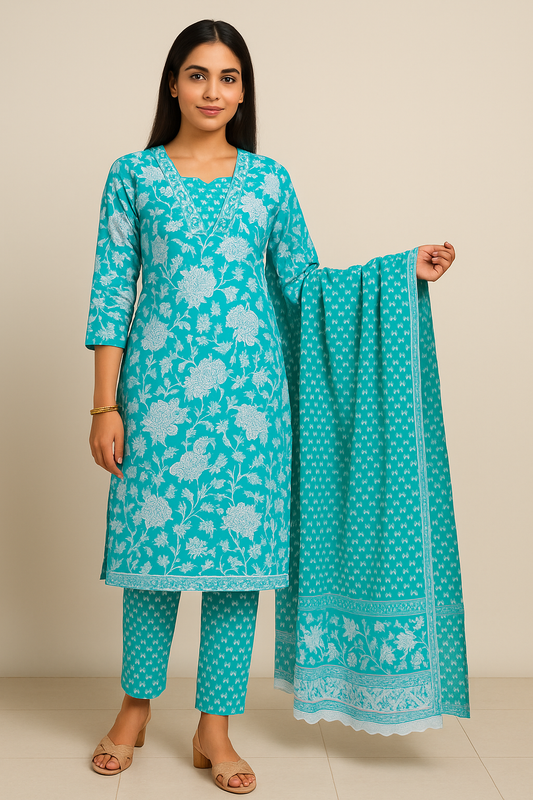 🟢Sitara Gul – Floral Sea Green Kurta Set | Women 3-Piece 🟢
