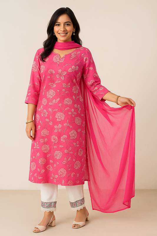 🌸Fiza Pink Floral Kurta Set | Women 3-Piece 🌸