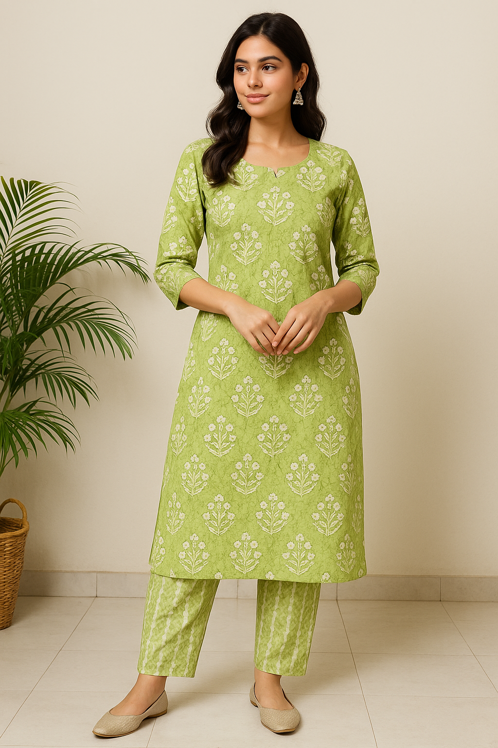 💚Mehkaari – Green Floral Cambric Cotton 2-Piece Kurta Set💚