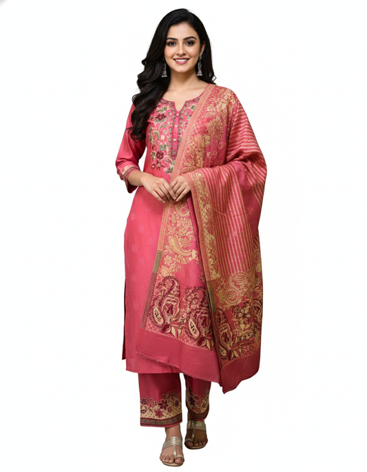 🌸Gajri Saanjh Woolen 3-piece Kurta Set (Unstitched)🌸