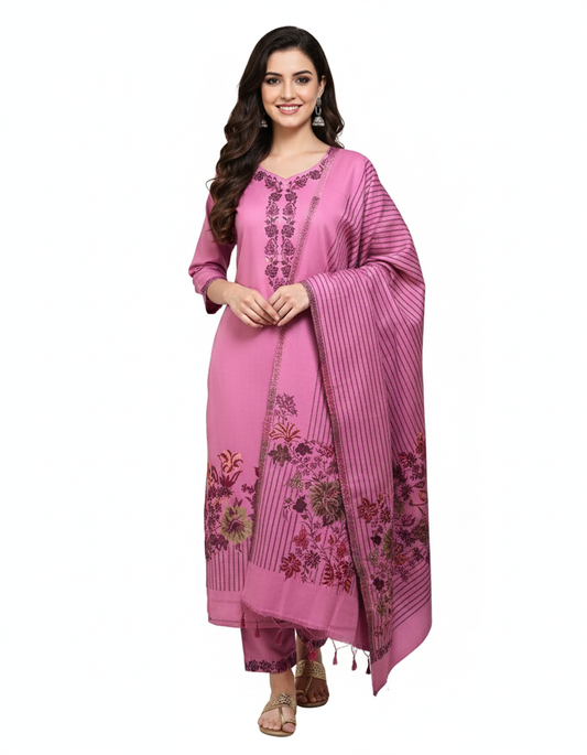 ✨Shimmery Grace Woolen 3-Piece Kurta Set (Unstitched)✨