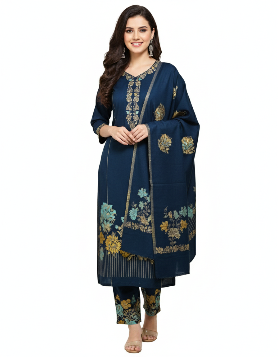 ✨Shimmery Grace Woolen 3-Piece Kurta Set (Unstitched)✨